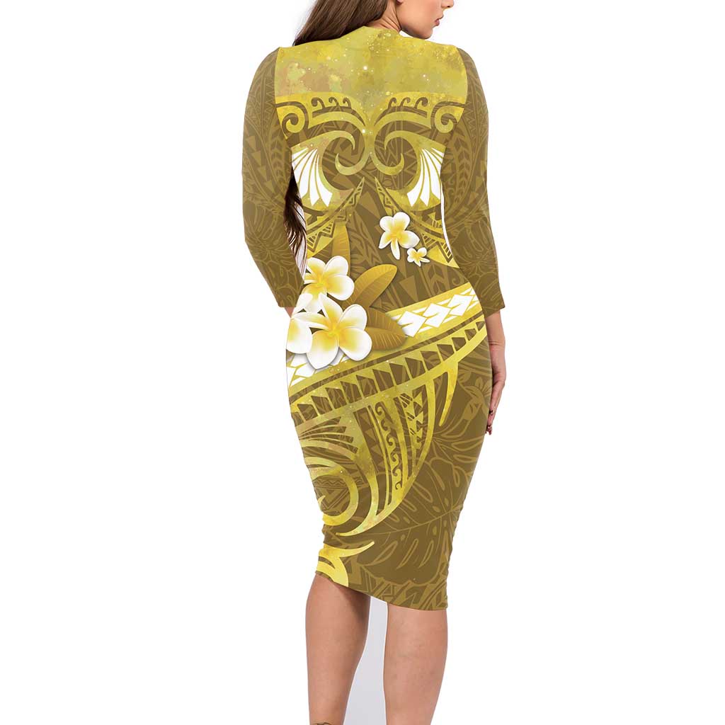 Gold Polynesia Family Matching Long Sleeve Bodycon Dress and Hawaiian Shirt Tribal Pattern Tropical Frangipani LT14 - Polynesian Pride