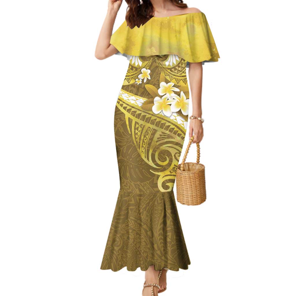 Gold Polynesia Family Matching Mermaid Dress and Hawaiian Shirt Tribal Pattern Tropical Frangipani LT14 Mom's Dress Gold - Polynesian Pride