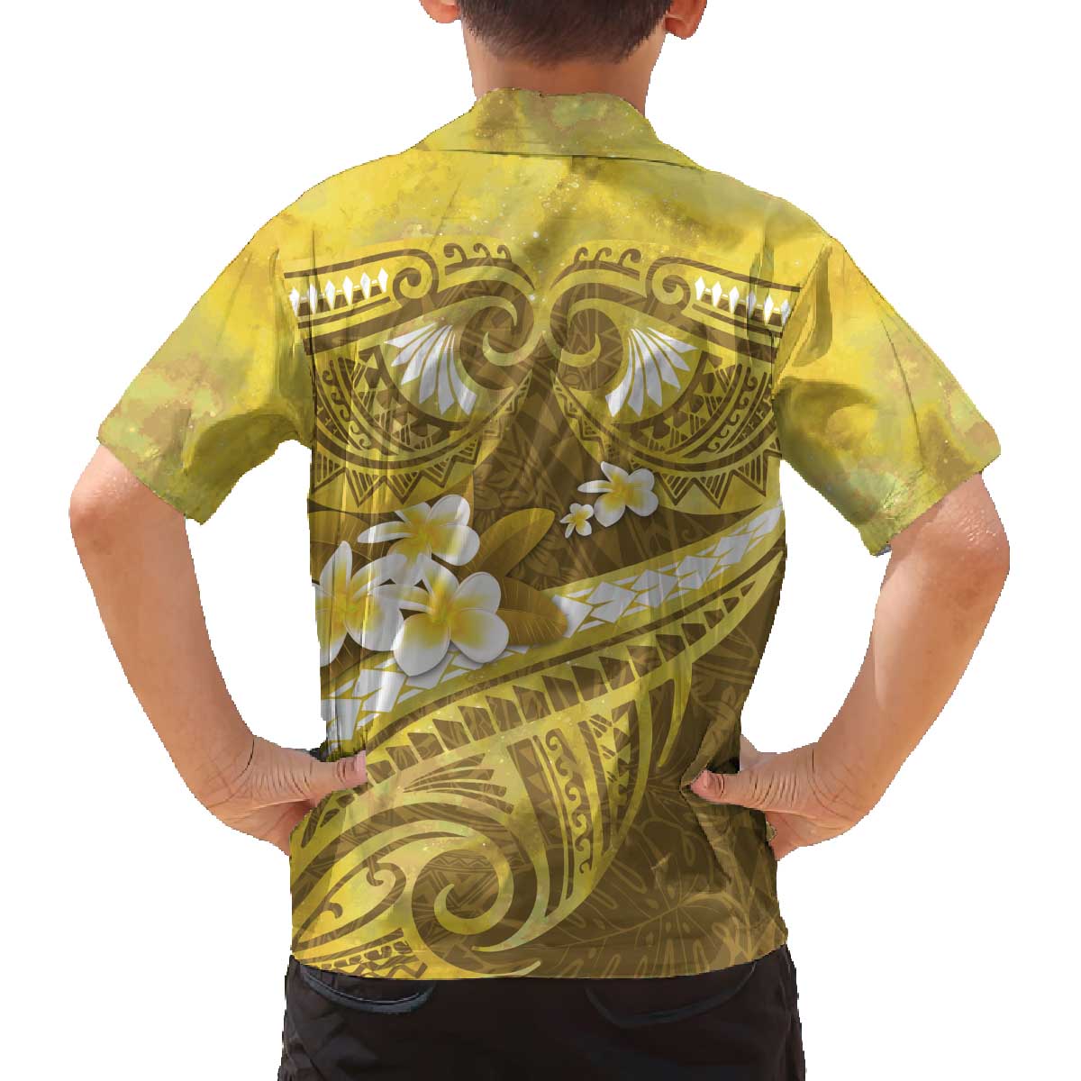 Gold Polynesia Family Matching Off The Shoulder Long Sleeve Dress and Hawaiian Shirt Tribal Pattern Tropical Frangipani LT14 - Polynesian Pride