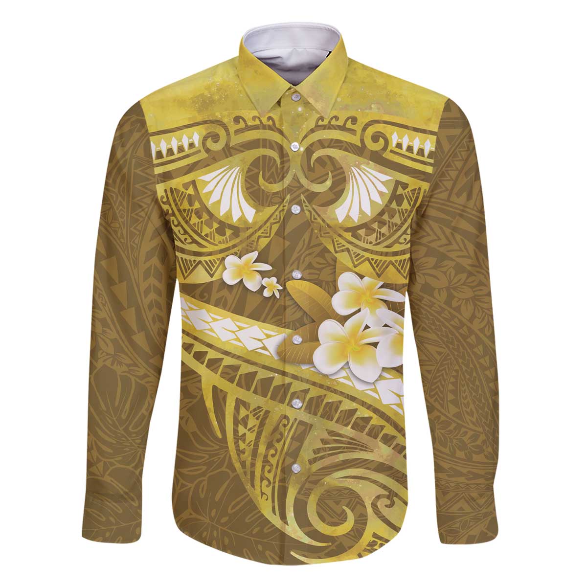 Gold Polynesia Family Matching Off The Shoulder Long Sleeve Dress and Hawaiian Shirt Tribal Pattern Tropical Frangipani LT14 Dad's Shirt - Long Sleeve Gold - Polynesian Pride
