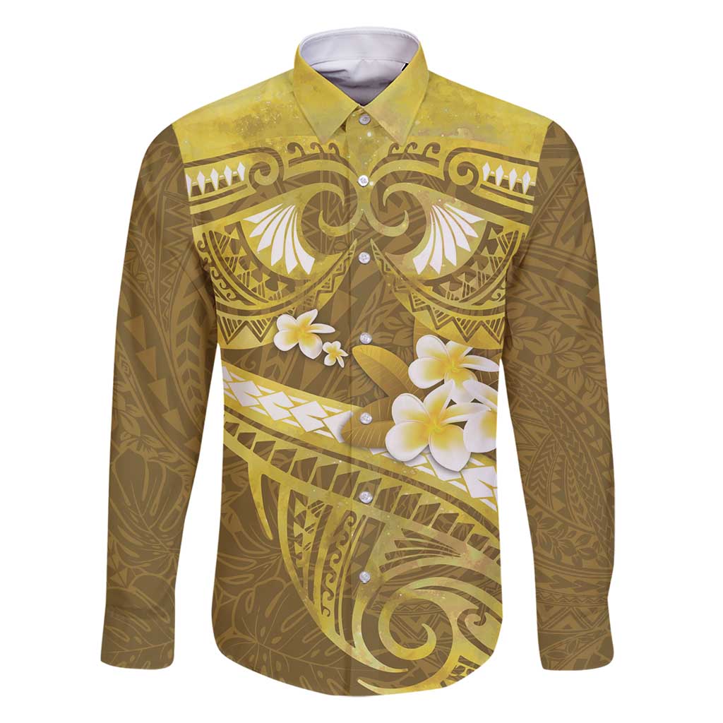 Gold Polynesia Family Matching Off Shoulder Maxi Dress and Hawaiian Shirt Tribal Pattern Tropical Frangipani LT14 Dad's Shirt - Long Sleeve Gold - Polynesian Pride
