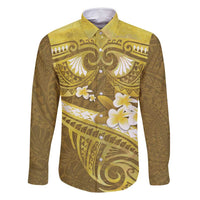 Gold Polynesia Family Matching Off Shoulder Maxi Dress and Hawaiian Shirt Tribal Pattern Tropical Frangipani LT14 Dad's Shirt - Long Sleeve Gold - Polynesian Pride