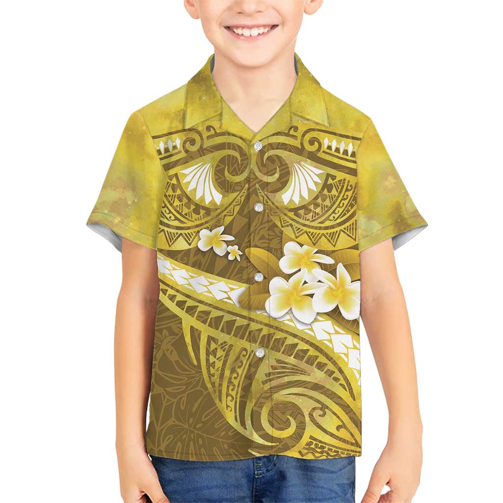 Gold Polynesia Family Matching Off Shoulder Maxi Dress and Hawaiian Shirt Tribal Pattern Tropical Frangipani LT14 Son's Shirt Gold - Polynesian Pride
