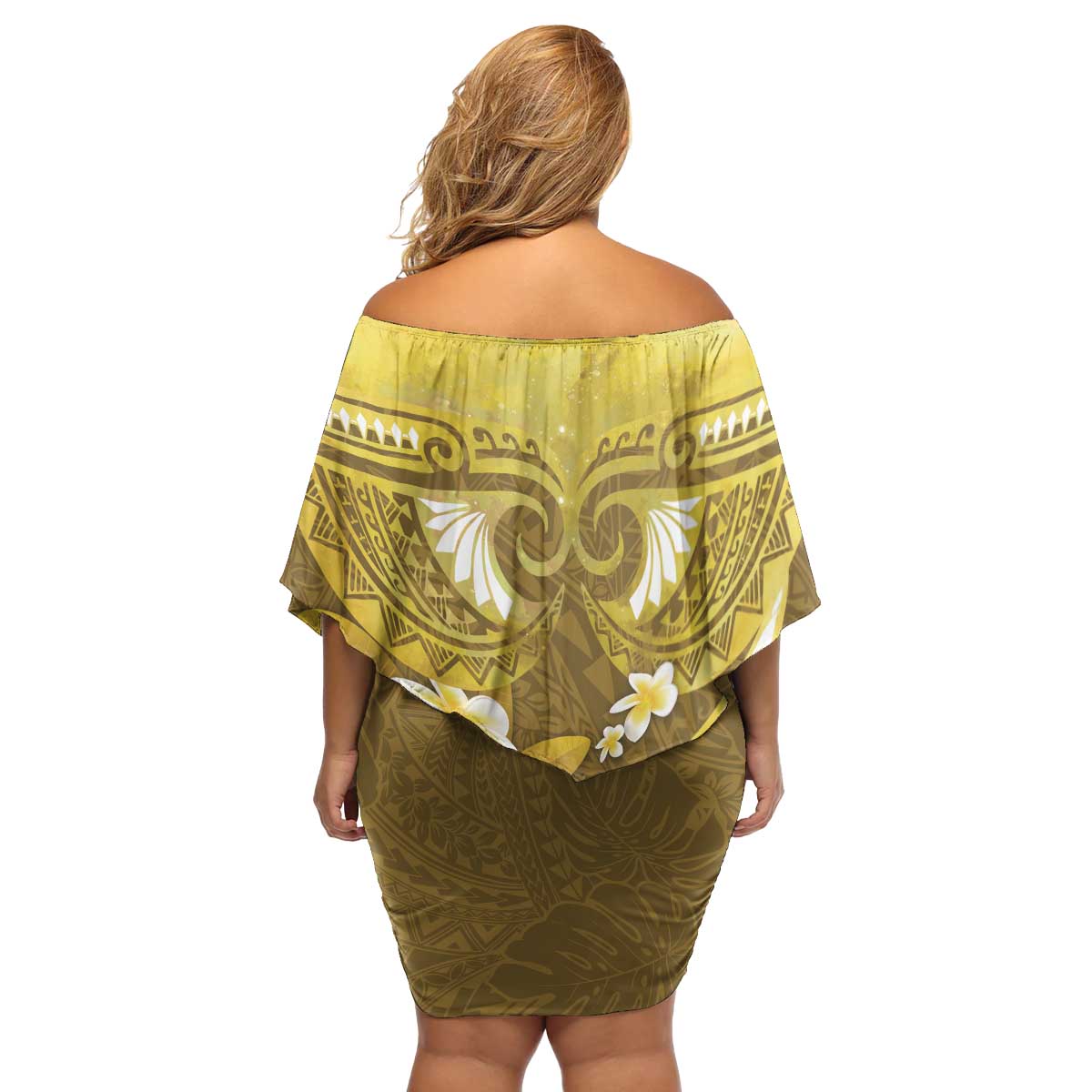 Gold Polynesia Family Matching Off Shoulder Short Dress and Hawaiian Shirt Tribal Pattern Tropical Frangipani LT14 - Polynesian Pride