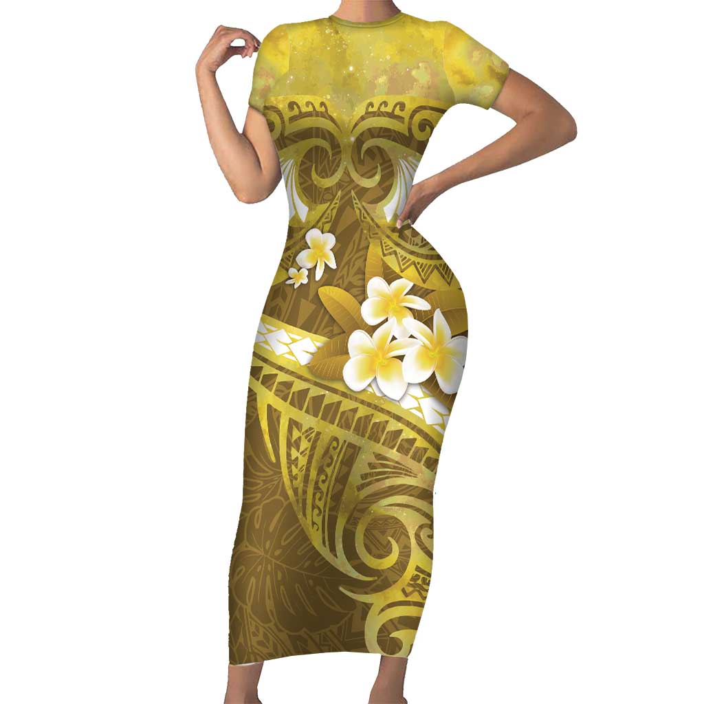 Gold Polynesia Family Matching Short Sleeve Bodycon Dress and Hawaiian Shirt Tribal Pattern Tropical Frangipani LT14 Mom's Dress Gold - Polynesian Pride