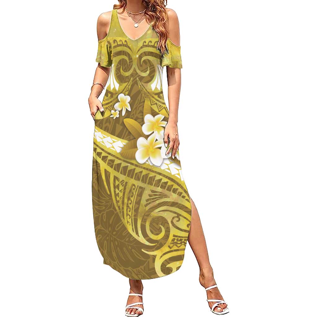 Gold Polynesia Family Matching Summer Maxi Dress and Hawaiian Shirt Tribal Pattern Tropical Frangipani LT14 Mom's Dress Gold - Polynesian Pride