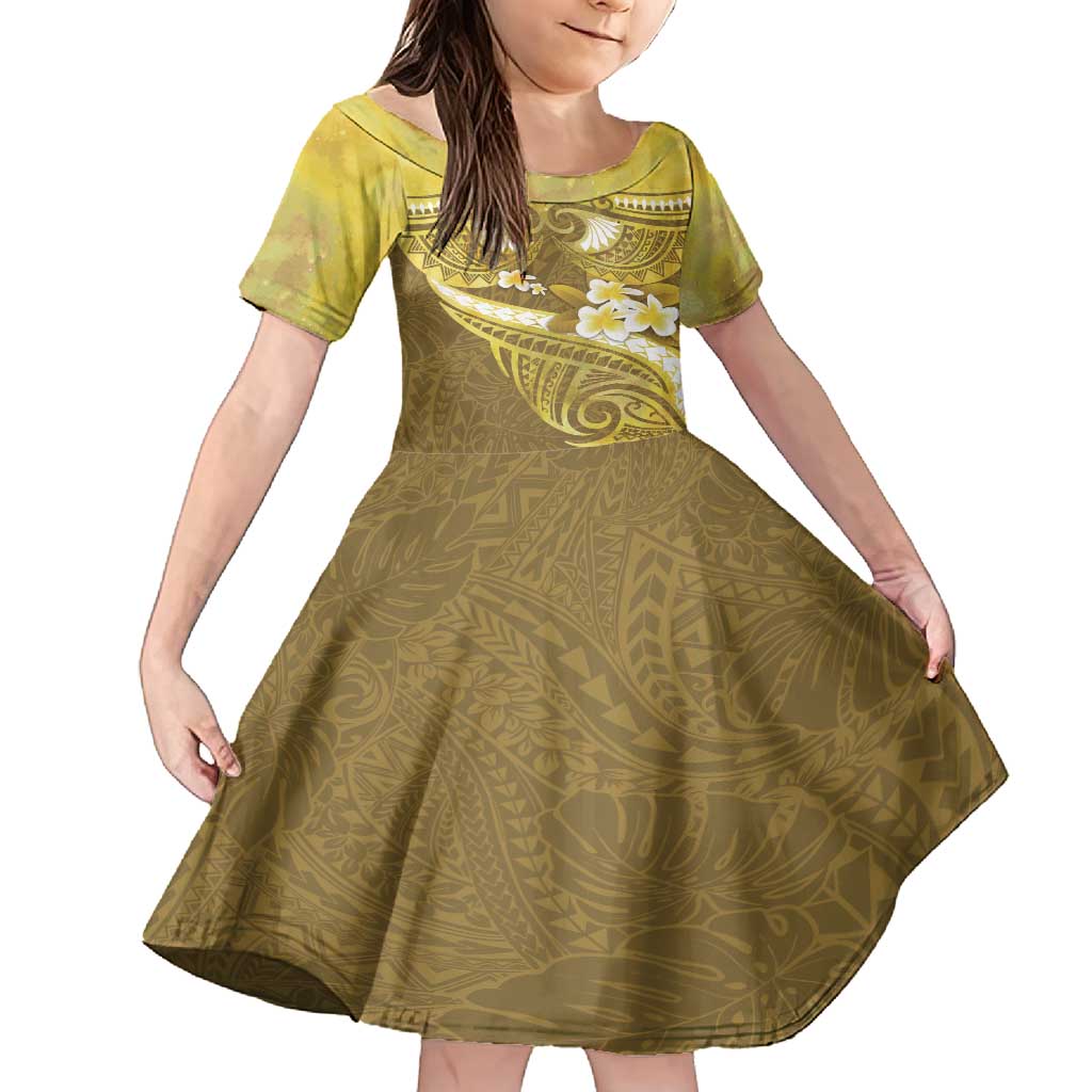 Gold Polynesia Family Matching Tank Maxi Dress and Hawaiian Shirt Tribal Pattern Tropical Frangipani LT14 Daughter's Dress Gold - Polynesian Pride