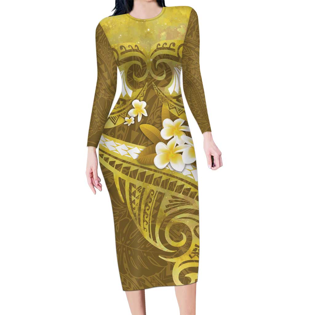 Gold Polynesia Long Sleeve Bodycon Dress Tribal Pattern Tropical Frangipani LT14 Long Dress Gold - Polynesian Pride