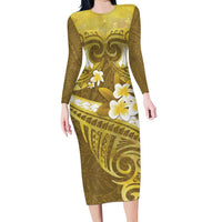 Gold Polynesia Long Sleeve Bodycon Dress Tribal Pattern Tropical Frangipani LT14 Long Dress Gold - Polynesian Pride
