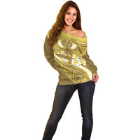 Gold Polynesia Off Shoulder Sweater Tribal Pattern Tropical Frangipani