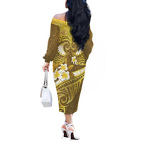 Gold Polynesia Off The Shoulder Long Sleeve Dress Tribal Pattern Tropical Frangipani LT14 - Polynesian Pride
