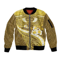 Gold Polynesia Sleeve Zip Bomber Jacket Tribal Pattern Tropical Frangipani
