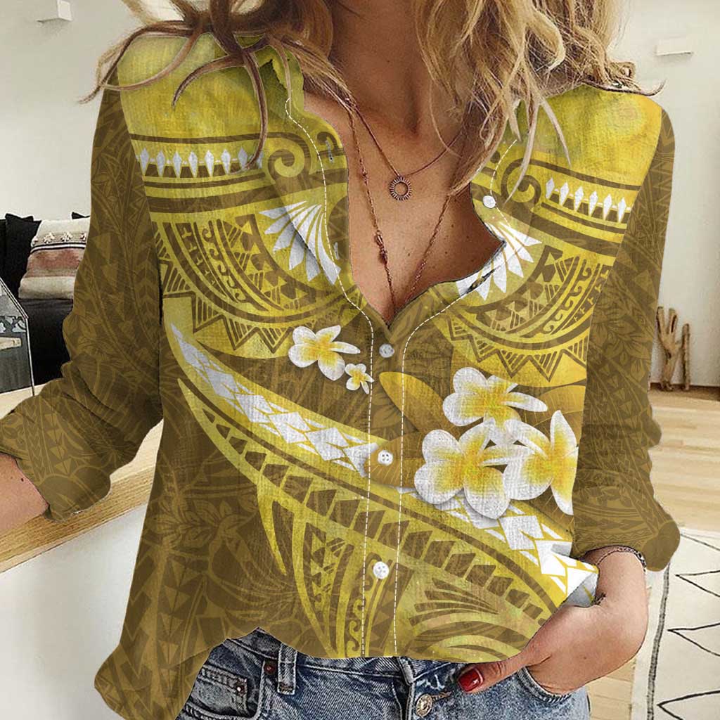 Gold Polynesia Women Casual Shirt Tribal Pattern Tropical Frangipani LT14 Female Gold - Polynesian Pride