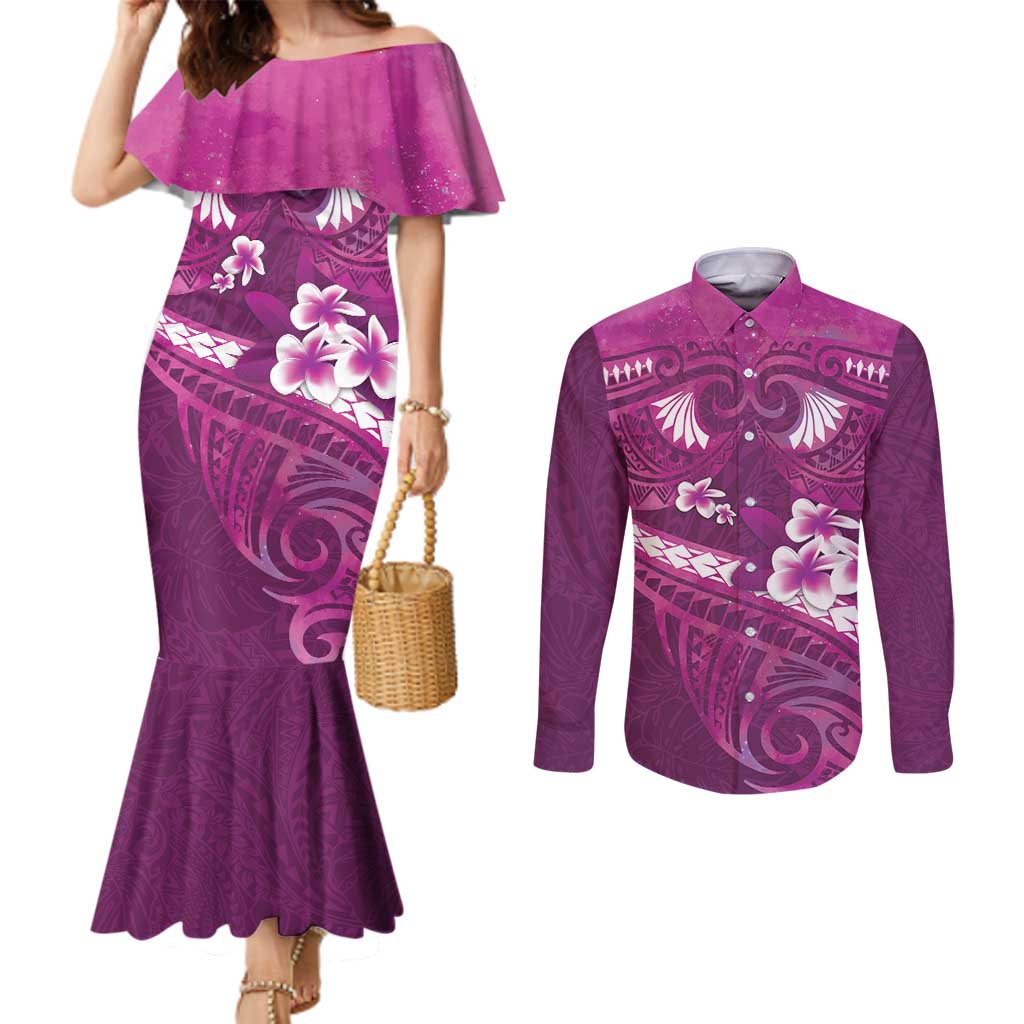 Pink Polynesia Couples Matching Mermaid Dress and Long Sleeve Button Shirt Tribal Pattern Tropical Frangipani