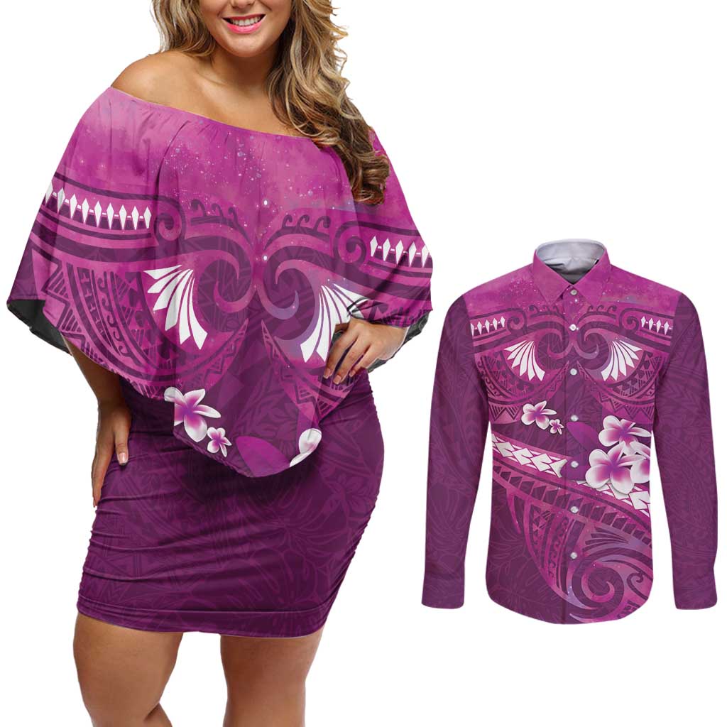 Pink Polynesia Couples Matching Off Shoulder Short Dress and Long Sleeve Button Shirt Tribal Pattern Tropical Frangipani