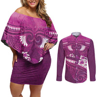 Pink Polynesia Couples Matching Off Shoulder Short Dress and Long Sleeve Button Shirt Tribal Pattern Tropical Frangipani