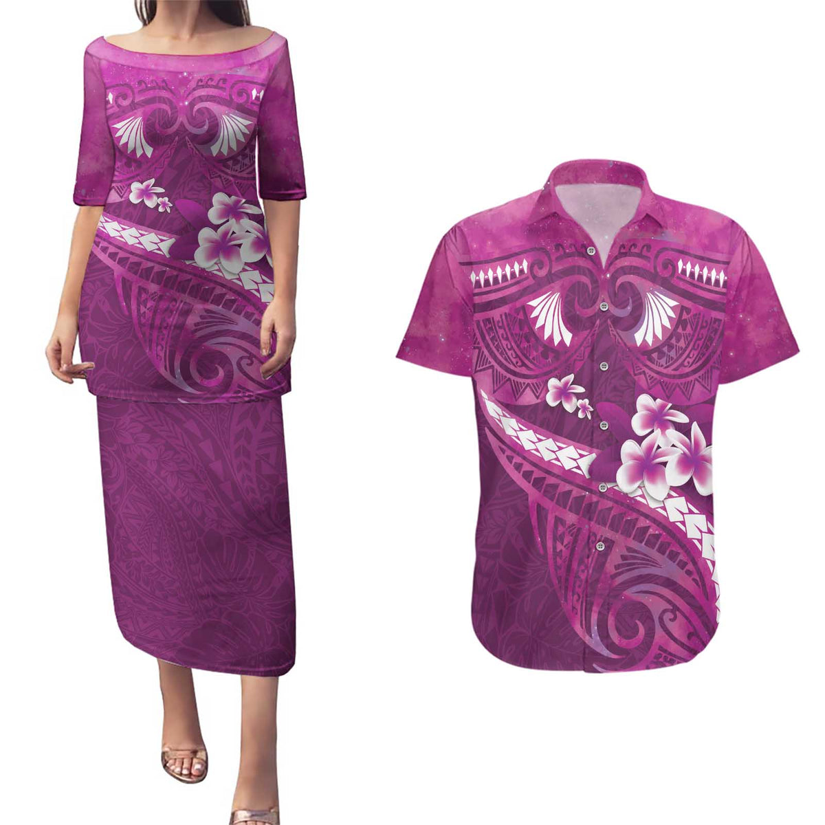 Pink Polynesia Couples Matching Puletasi and Hawaiian Shirt Tribal Pattern Tropical Frangipani