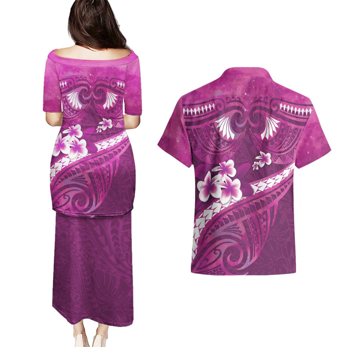 Pink Polynesia Couples Matching Puletasi and Hawaiian Shirt Tribal Pattern Tropical Frangipani