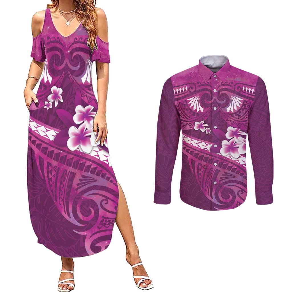 Pink Polynesia Couples Matching Summer Maxi Dress and Long Sleeve Button Shirt Tribal Pattern Tropical Frangipani