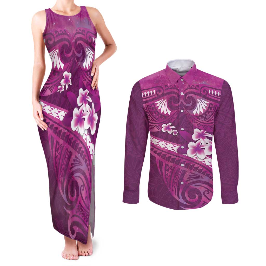 Pink Polynesia Couples Matching Tank Maxi Dress and Long Sleeve Button Shirt Tribal Pattern Tropical Frangipani