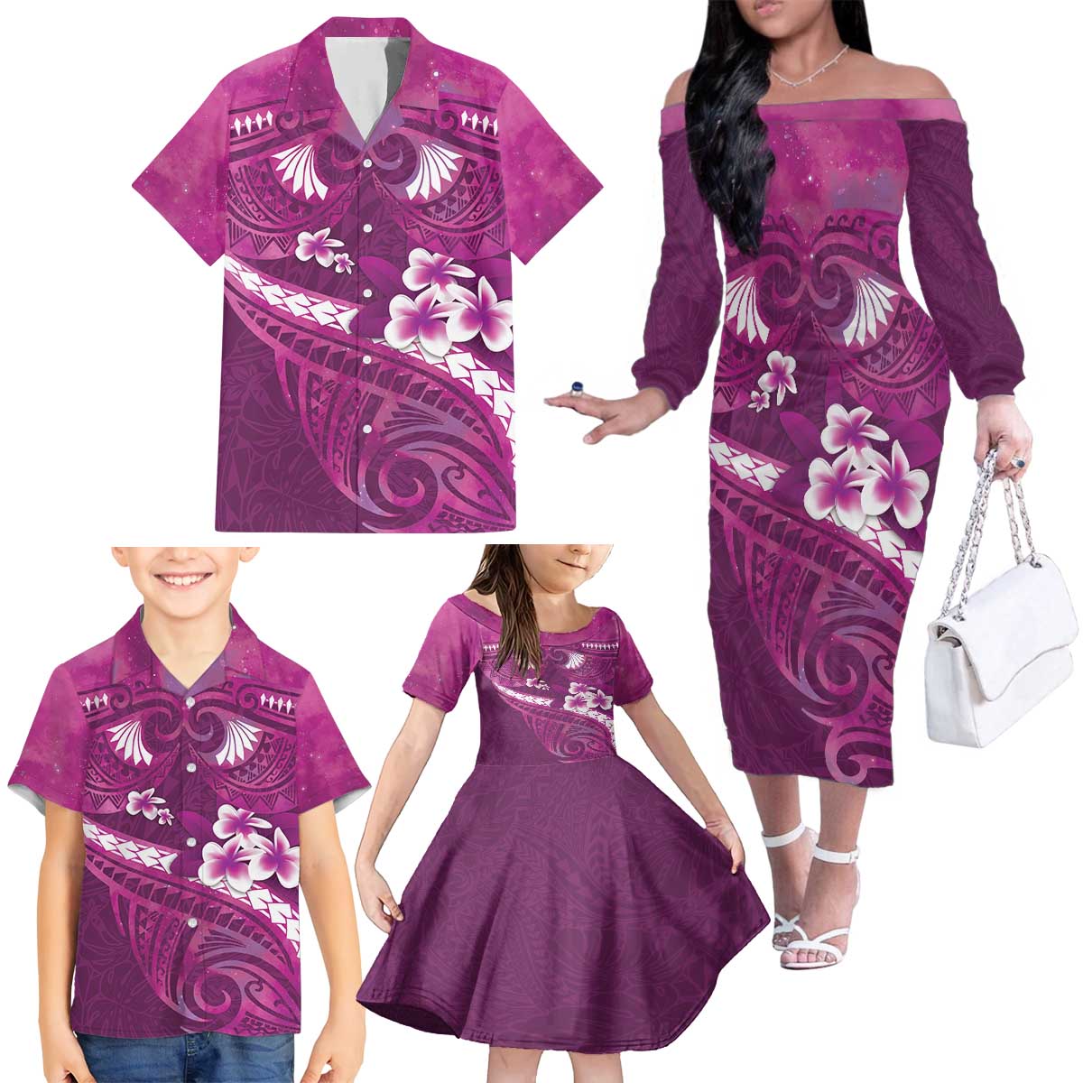 Pink Polynesia Family Matching Off The Shoulder Long Sleeve Dress and Hawaiian Shirt Tribal Pattern Tropical Frangipani LT14 - Polynesian Pride