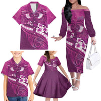 Pink Polynesia Family Matching Off The Shoulder Long Sleeve Dress and Hawaiian Shirt Tribal Pattern Tropical Frangipani LT14 - Polynesian Pride