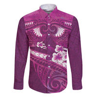 Pink Polynesia Family Matching Off The Shoulder Long Sleeve Dress and Hawaiian Shirt Tribal Pattern Tropical Frangipani LT14 Dad's Shirt - Long Sleeve Pink - Polynesian Pride