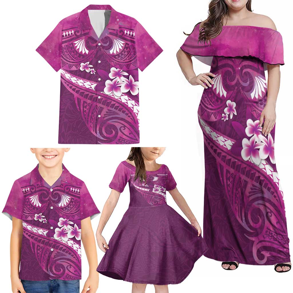 Pink Polynesia Family Matching Off Shoulder Maxi Dress and Hawaiian Shirt Tribal Pattern Tropical Frangipani LT14 - Polynesian Pride