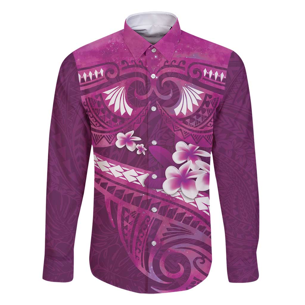 Pink Polynesia Family Matching Off Shoulder Maxi Dress and Hawaiian Shirt Tribal Pattern Tropical Frangipani LT14 Dad's Shirt - Long Sleeve Pink - Polynesian Pride