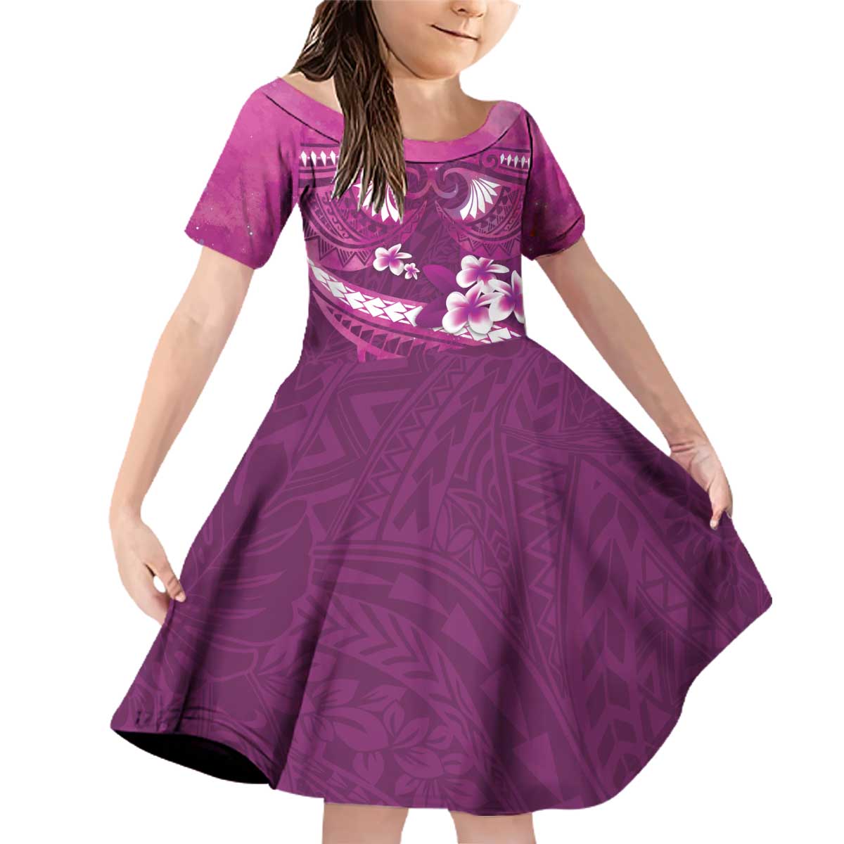 Pink Polynesia Family Matching Off Shoulder Short Dress and Hawaiian Shirt Tribal Pattern Tropical Frangipani LT14 Daughter's Dress Pink - Polynesian Pride