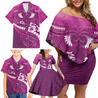 Pink Polynesia Family Matching Off Shoulder Short Dress and Hawaiian Shirt Tribal Pattern Tropical Frangipani LT14 - Polynesian Pride