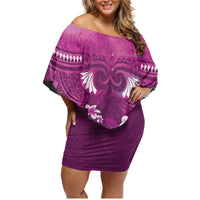 Pink Polynesia Family Matching Off Shoulder Short Dress and Hawaiian Shirt Tribal Pattern Tropical Frangipani LT14 Mom's Dress Pink - Polynesian Pride
