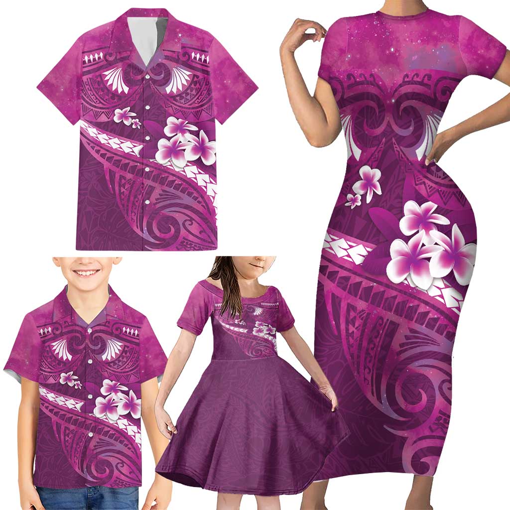 Pink Polynesia Family Matching Short Sleeve Bodycon Dress and Hawaiian Shirt Tribal Pattern Tropical Frangipani LT14 - Polynesian Pride