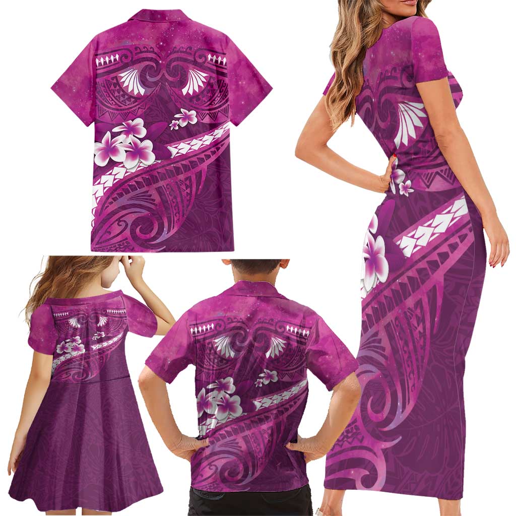 Pink Polynesia Family Matching Short Sleeve Bodycon Dress and Hawaiian Shirt Tribal Pattern Tropical Frangipani LT14 - Polynesian Pride