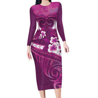 Pink Polynesia Long Sleeve Bodycon Dress Tribal Pattern Tropical Frangipani LT14 Long Dress Pink - Polynesian Pride