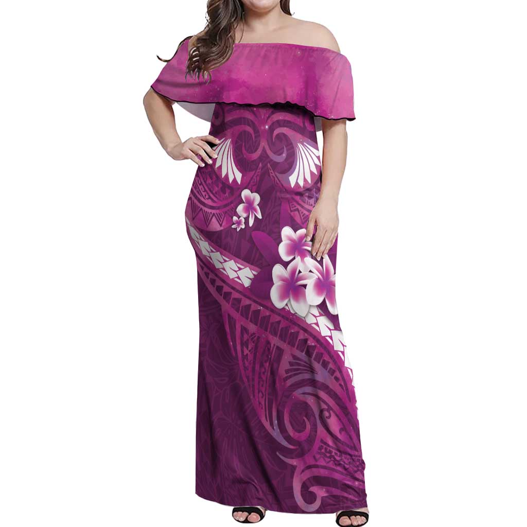 Pink Polynesia Off Shoulder Maxi Dress Tribal Pattern Tropical Frangipani