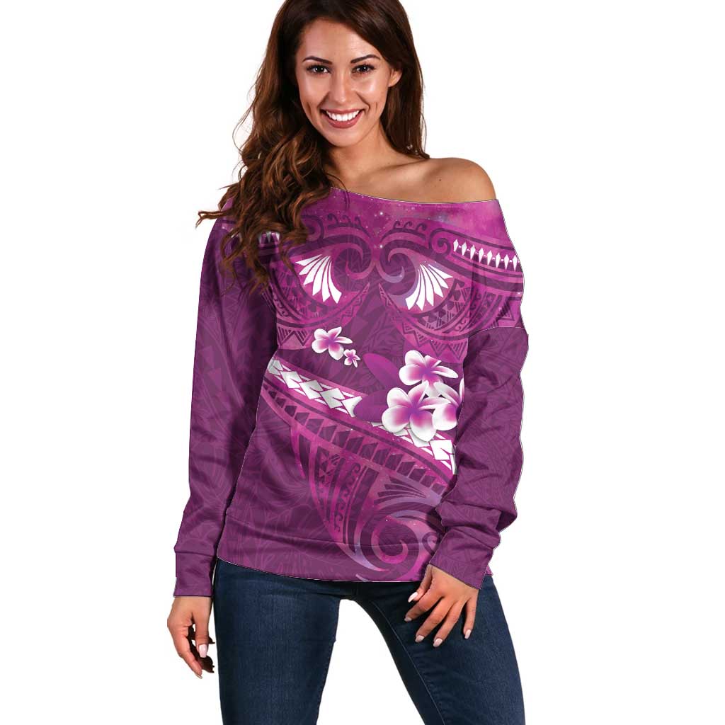 Pink Polynesia Off Shoulder Sweater Tribal Pattern Tropical Frangipani LT14 Women Pink - Polynesian Pride