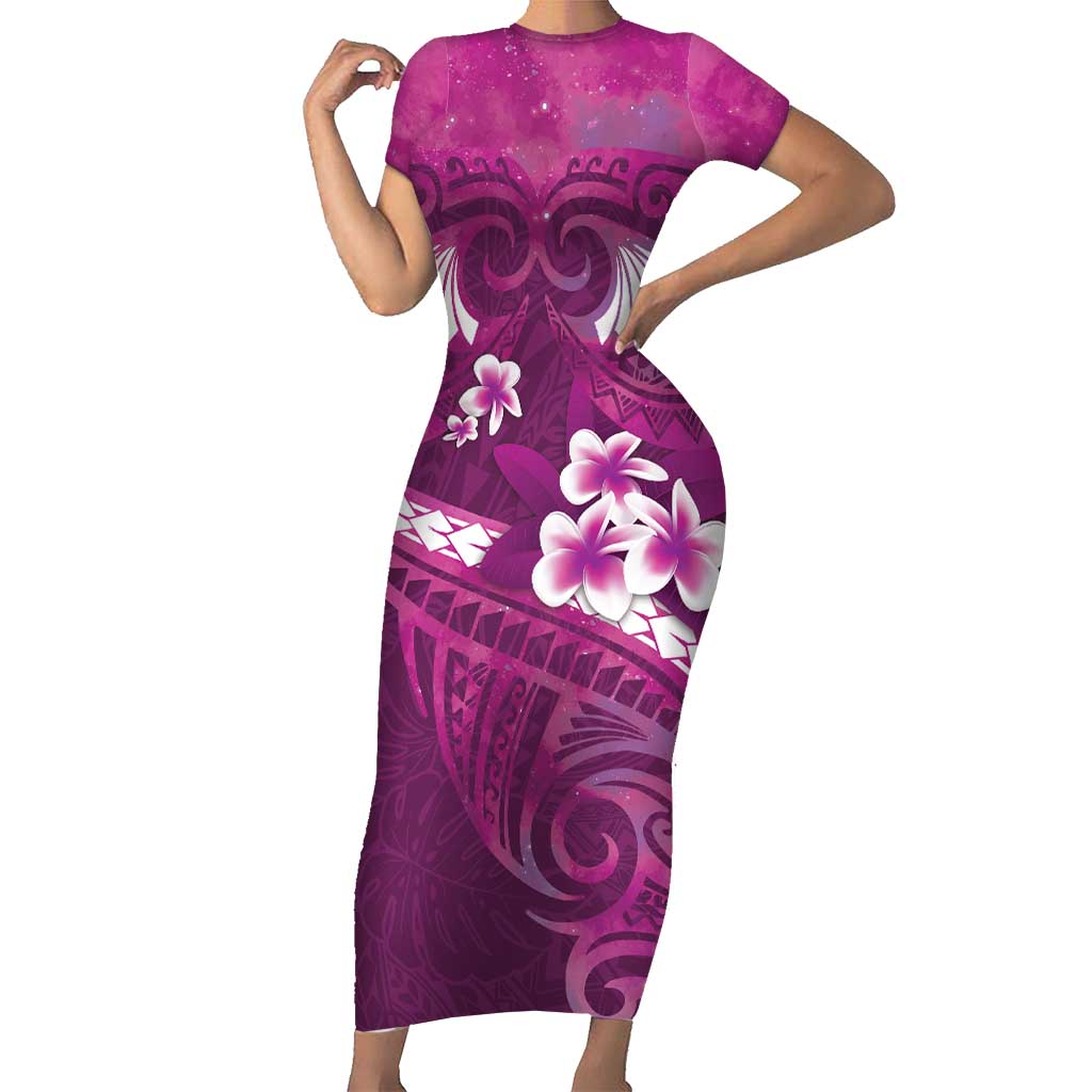 Pink Polynesia Short Sleeve Bodycon Dress Tribal Pattern Tropical Frangipani LT14 Long Dress Pink - Polynesian Pride