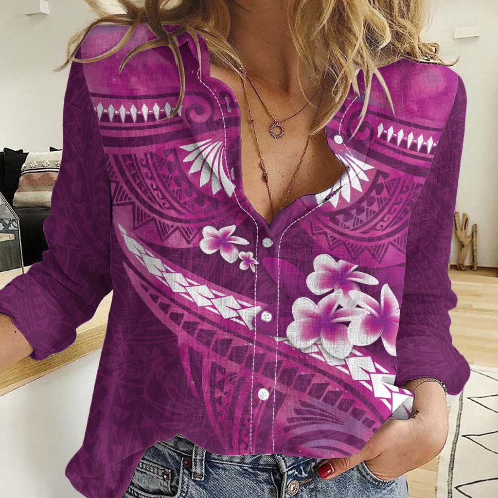 Pink Polynesia Women Casual Shirt Tribal Pattern Tropical Frangipani LT14 Female Pink - Polynesian Pride