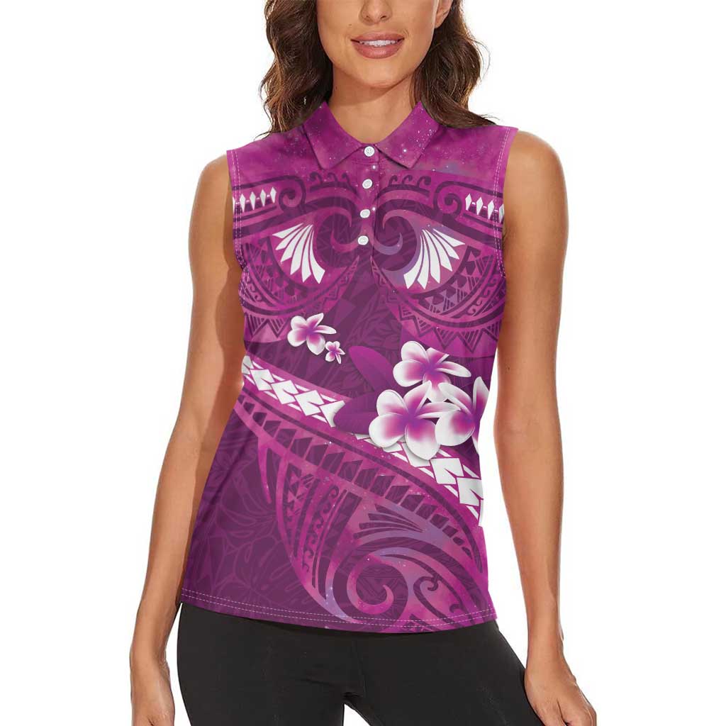 Pink Polynesia Women Sleeveless Polo Shirt Tribal Pattern Tropical Frangipani