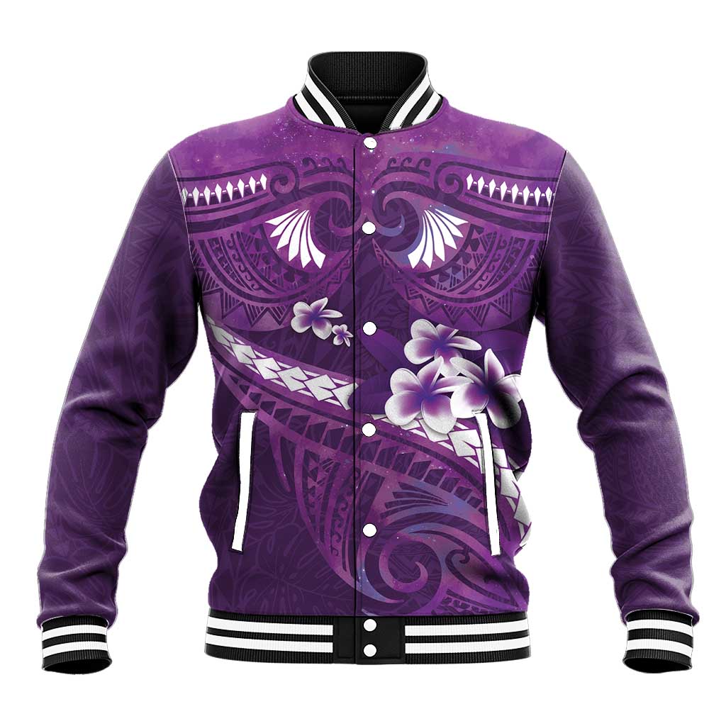 Purple Polynesia Baseball Jacket Tribal Pattern Tropical Frangipani