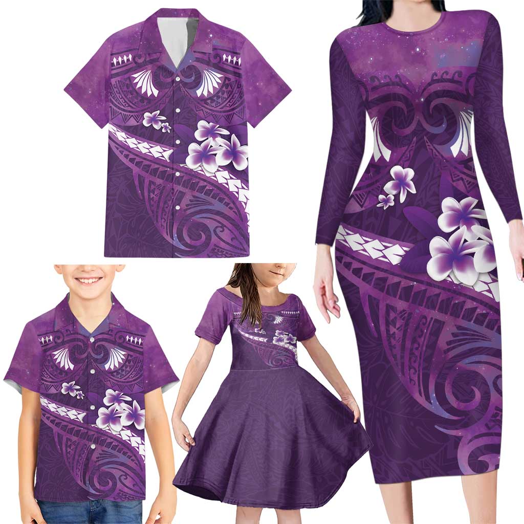 Purple Polynesia Family Matching Long Sleeve Bodycon Dress and Hawaiian Shirt Tribal Pattern Tropical Frangipani LT14 - Polynesian Pride