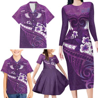Purple Polynesia Family Matching Long Sleeve Bodycon Dress and Hawaiian Shirt Tribal Pattern Tropical Frangipani LT14 - Polynesian Pride