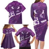 Purple Polynesia Family Matching Long Sleeve Bodycon Dress and Hawaiian Shirt Tribal Pattern Tropical Frangipani LT14 - Polynesian Pride