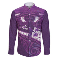 Purple Polynesia Family Matching Long Sleeve Bodycon Dress and Hawaiian Shirt Tribal Pattern Tropical Frangipani LT14 Dad's Shirt - Long Sleeve Purple - Polynesian Pride