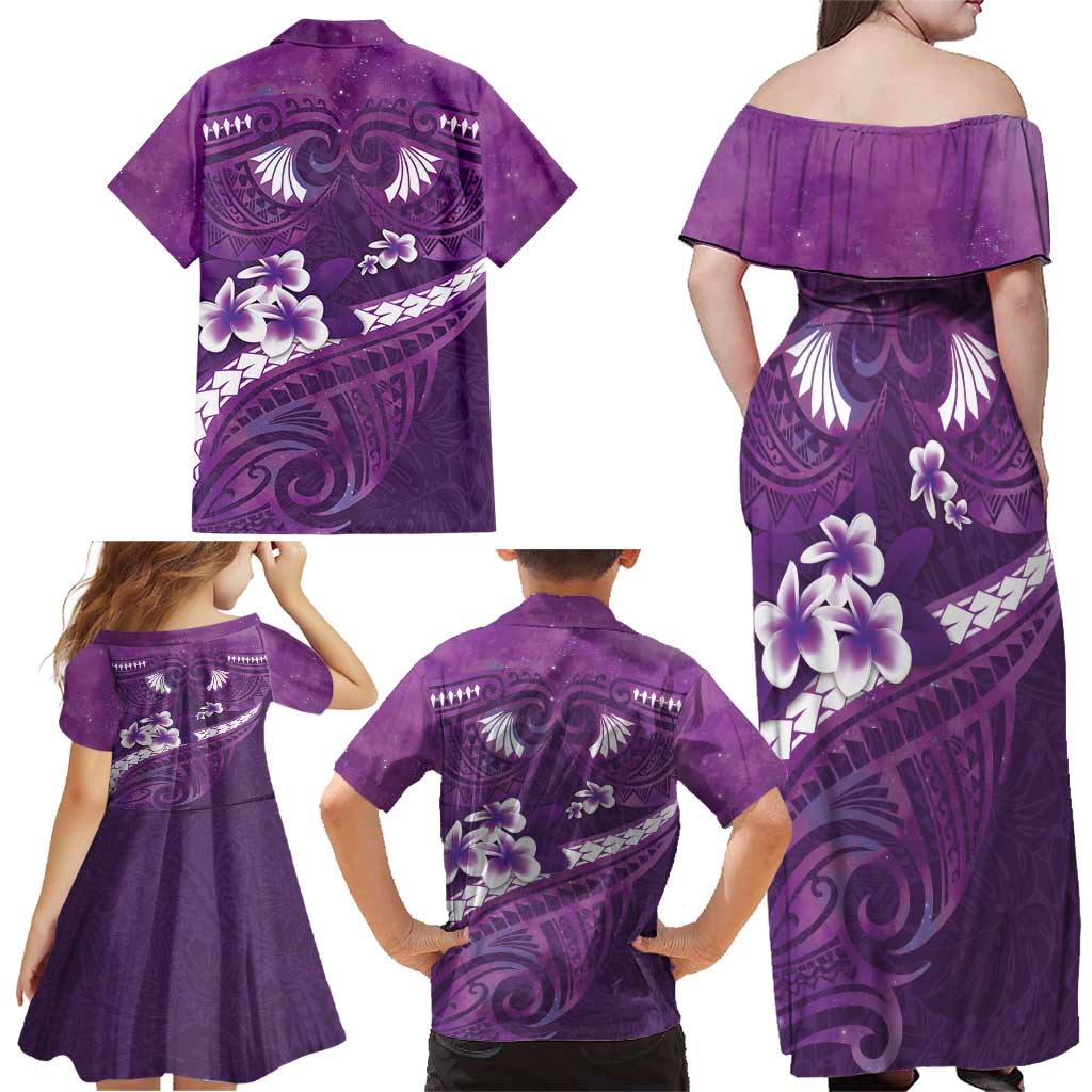 Purple Polynesia Family Matching Off Shoulder Maxi Dress and Hawaiian Shirt Tribal Pattern Tropical Frangipani LT14 - Polynesian Pride