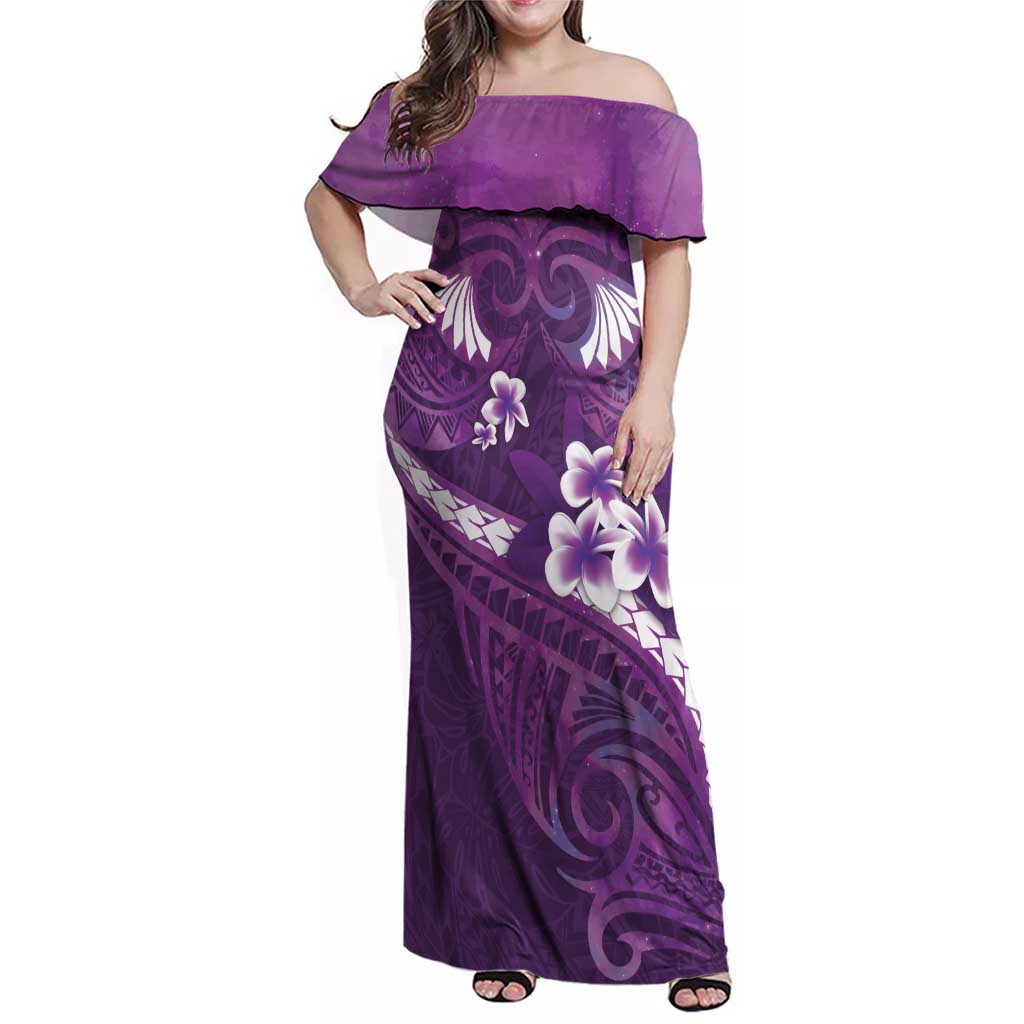 Purple Polynesia Family Matching Off Shoulder Maxi Dress and Hawaiian Shirt Tribal Pattern Tropical Frangipani LT14 Mom's Dress Purple - Polynesian Pride
