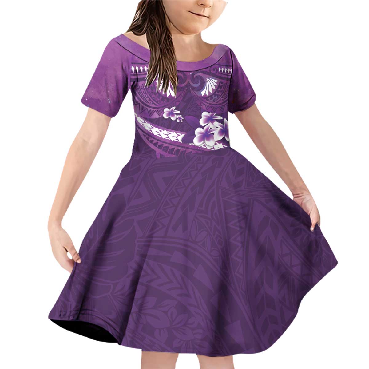 Purple Polynesia Family Matching Off Shoulder Short Dress and Hawaiian Shirt Tribal Pattern Tropical Frangipani LT14 Daughter's Dress Purple - Polynesian Pride