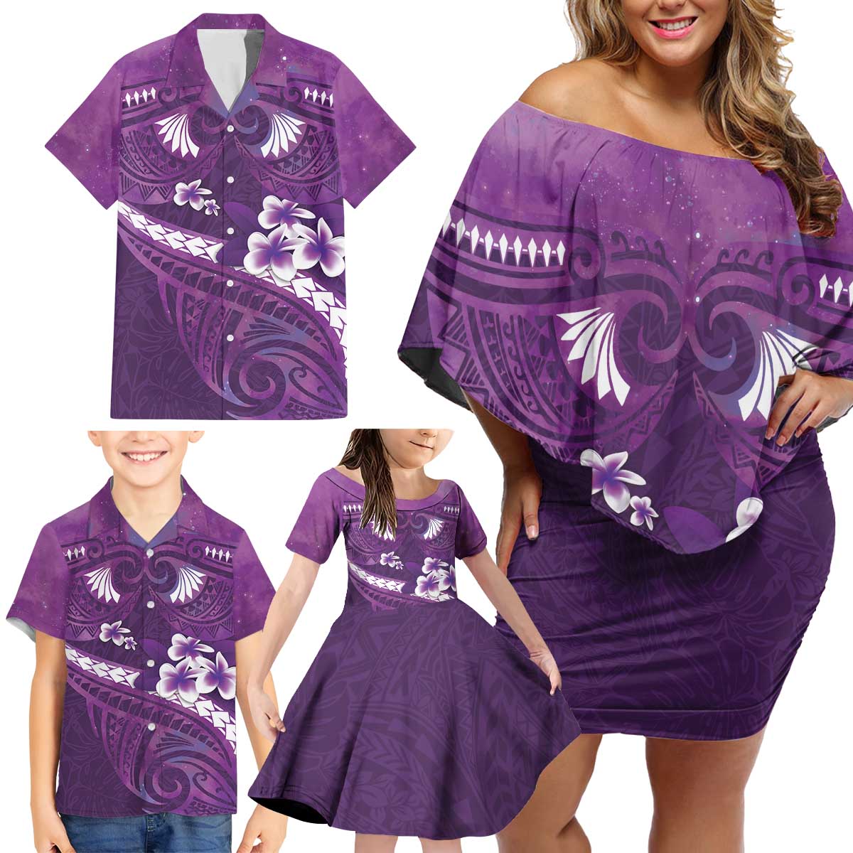 Purple Polynesia Family Matching Off Shoulder Short Dress and Hawaiian Shirt Tribal Pattern Tropical Frangipani LT14 - Polynesian Pride