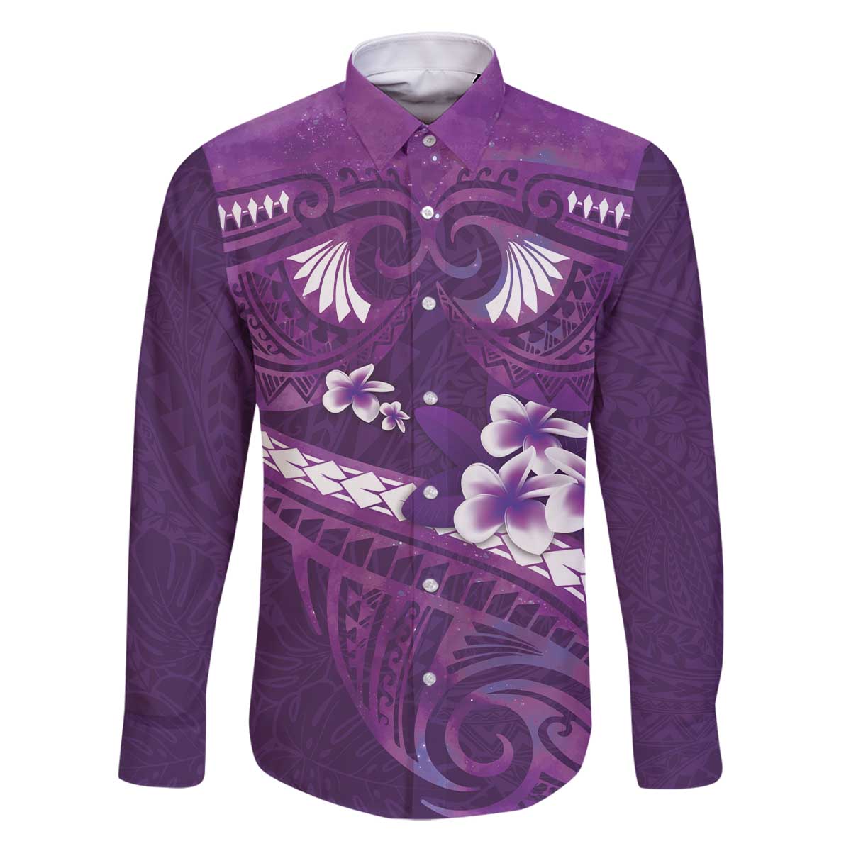 Purple Polynesia Family Matching Off Shoulder Short Dress and Hawaiian Shirt Tribal Pattern Tropical Frangipani LT14 Dad's Shirt - Long Sleeve Purple - Polynesian Pride
